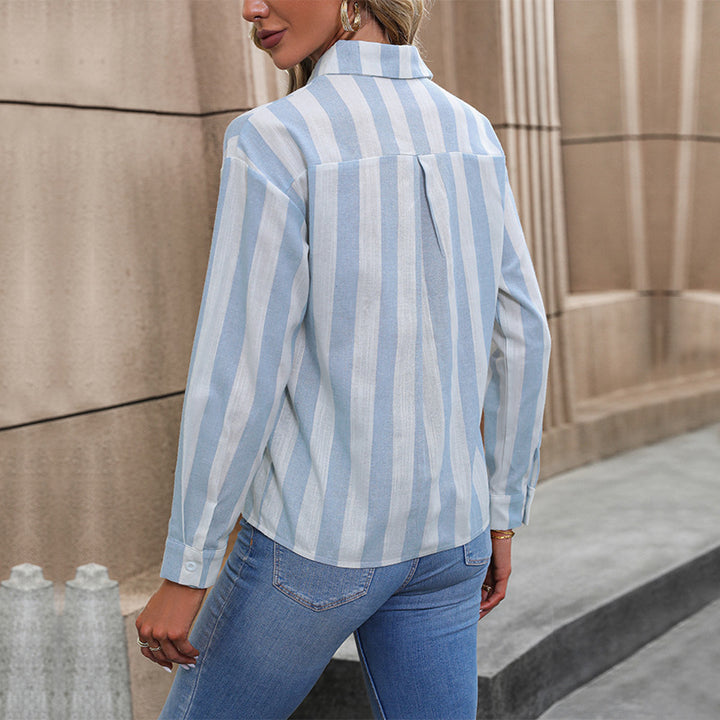 Dame Langærmet bluse med mode-stribemønster og elegant O-hals Stilla