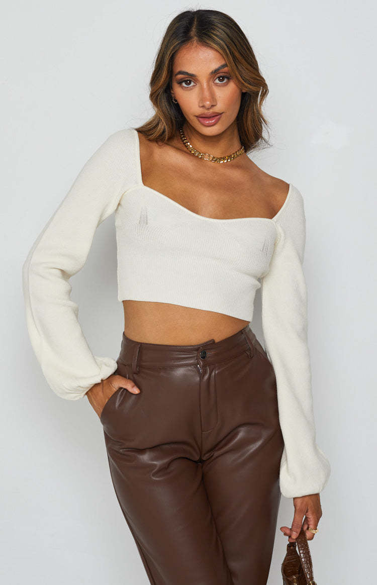 Dame afslappet Crop-Top med brede ærmer og ribstruktur Skovae