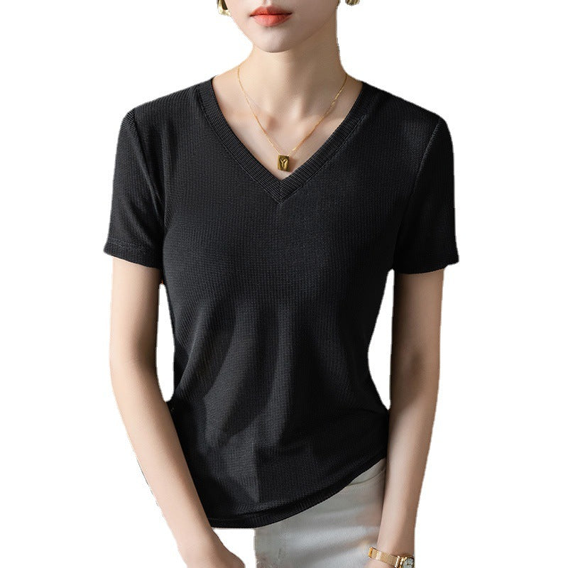 Dame figursyet V-hals T-shirt med fin ribstruktur Stilla
