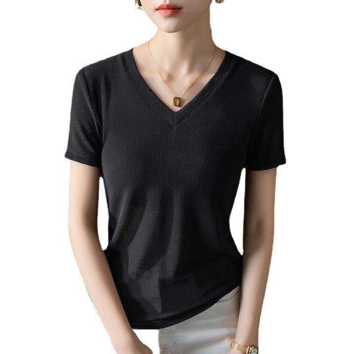 Dame figursyet V-hals T-shirt med fin ribstruktur Stilla