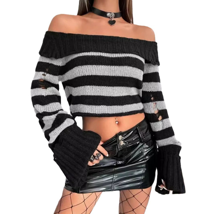 Dame Off-Shoulder Stribepullover med brede ærmer Stilla