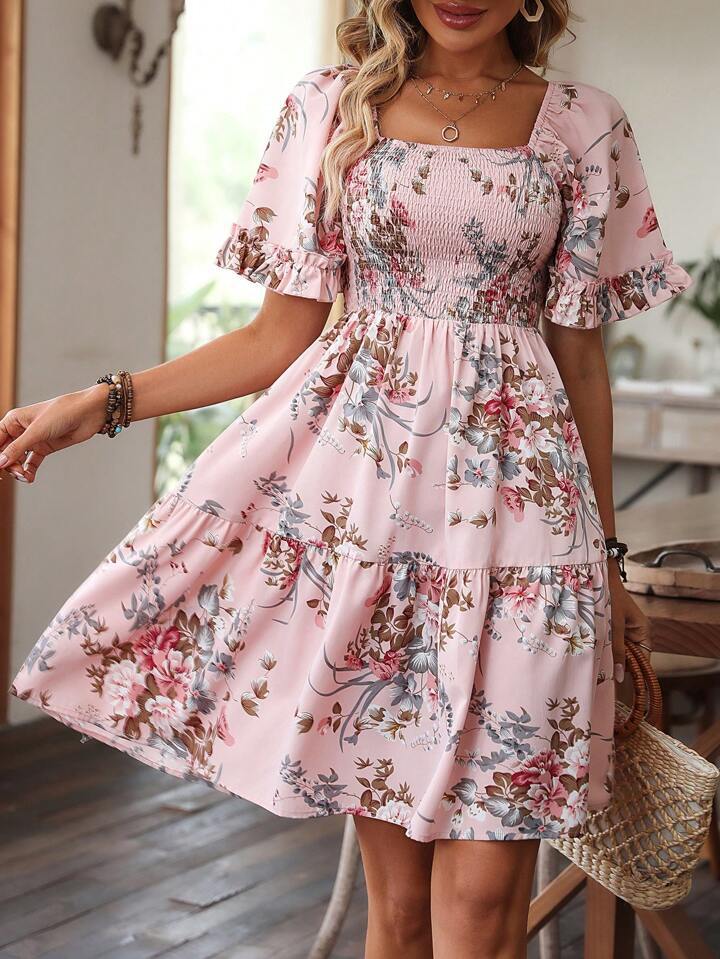 Dame Blomster Smocked Lagkjole Stilla
