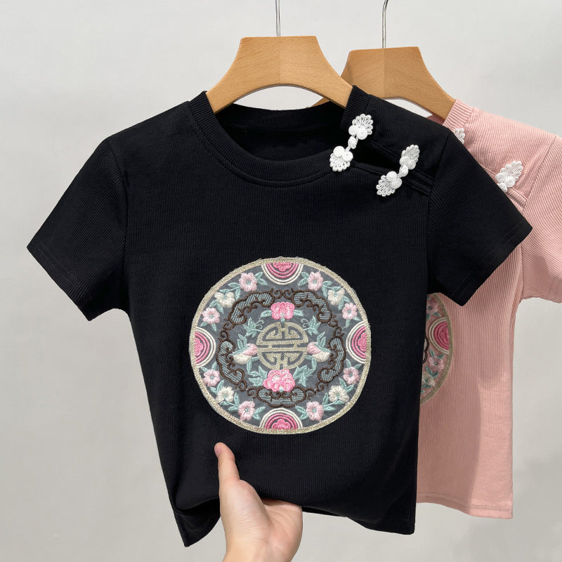 Damer kortærmet T-shirt med kunstnerisk broderi og moderigtigt krave Stilla