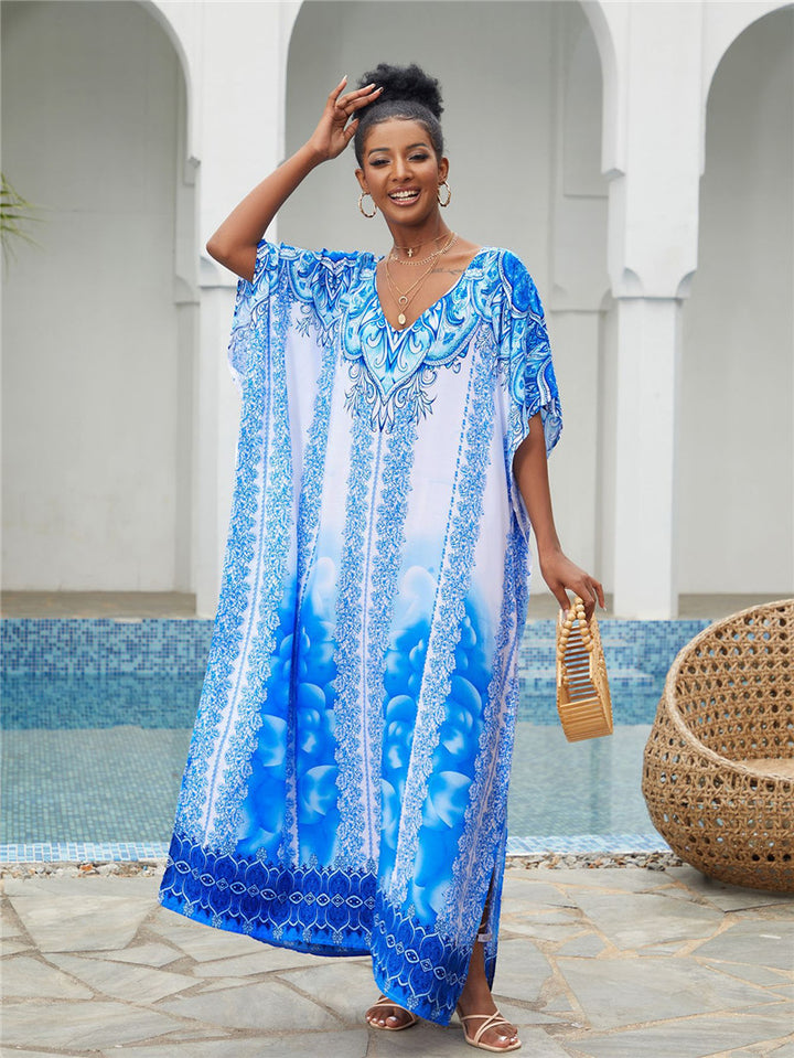 Dame Maxi-Kaftan med kunstnerisk azurmønster og elegant V-udskæring Stilla
