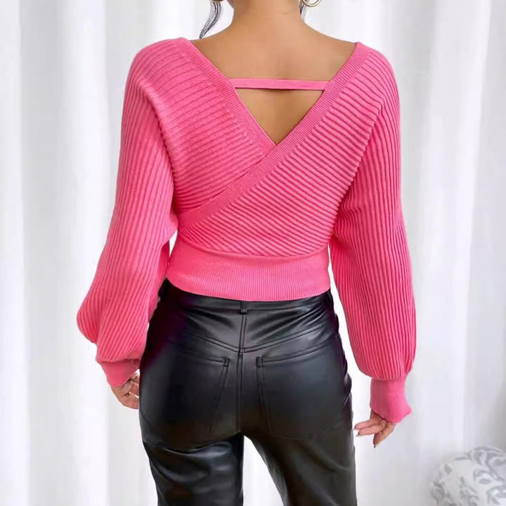 Dame elegant V-hals strikpullover med voluminiøse ærmer Stilla