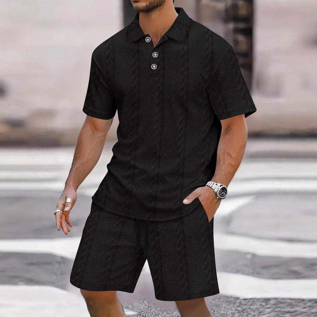 Herrer fritids-sæt med struktureret polo-shirt og shorts Stilla