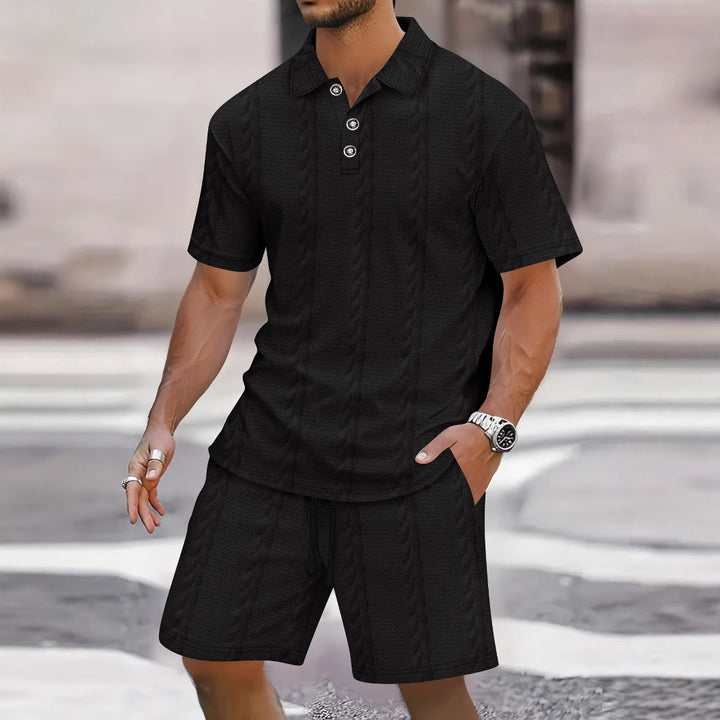 Herrer fritids-sæt med struktureret polo-shirt og shorts Stilla