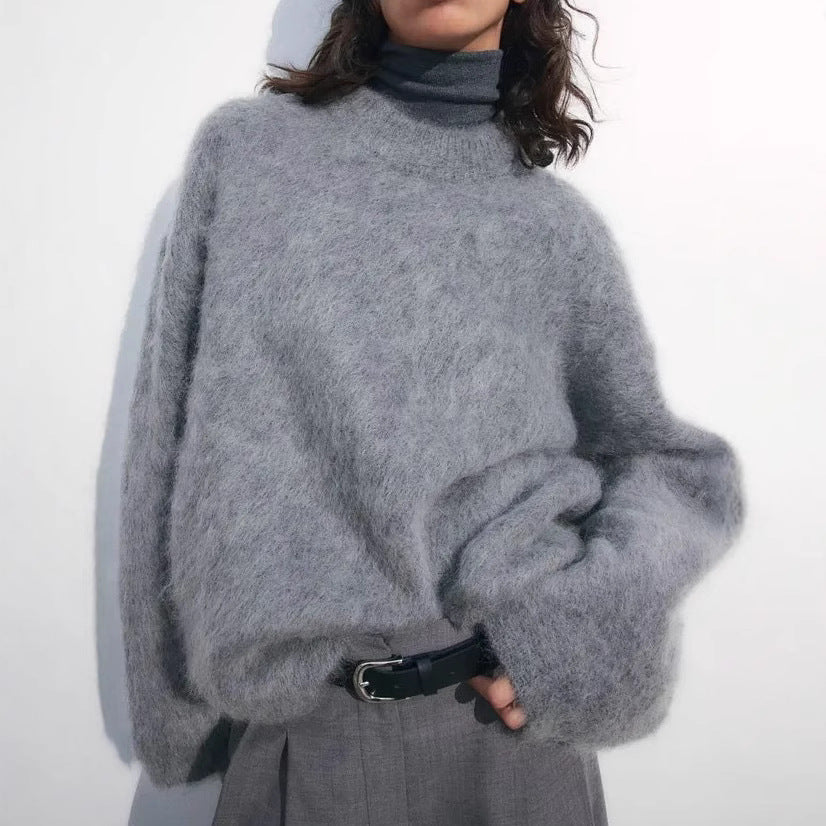 Dame oversized hyggetrøje med høj krave i mohair Stilla