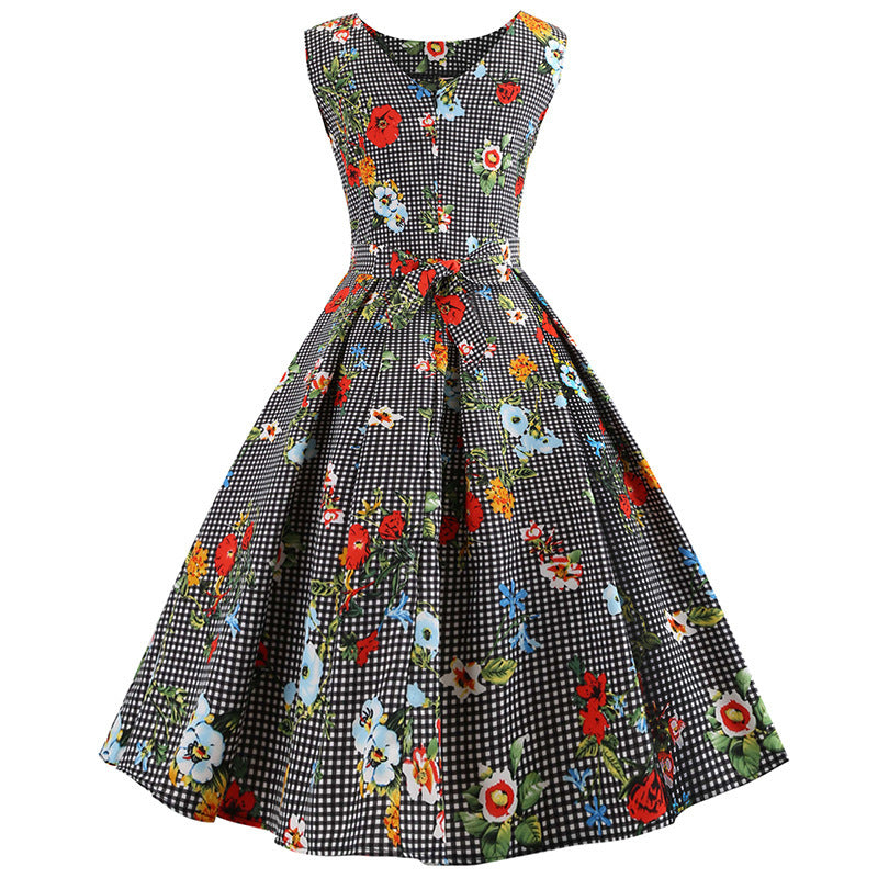 Kvinders Retro A-Linie Kjole med Blomstermotiver og Klassisk Ternet Design Stilla