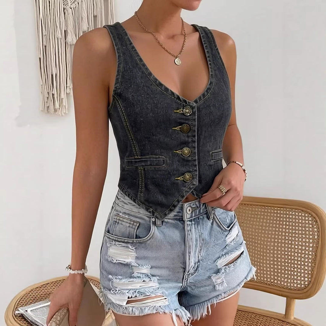 Dame Denim Bustier-top med knapdetaljer og forlænget silhuet Skovae