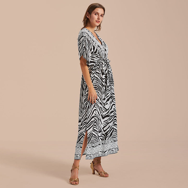 Dame Kaftan Kjole med kunstnerisk Zebra-design og luftig Silhuet Stilla