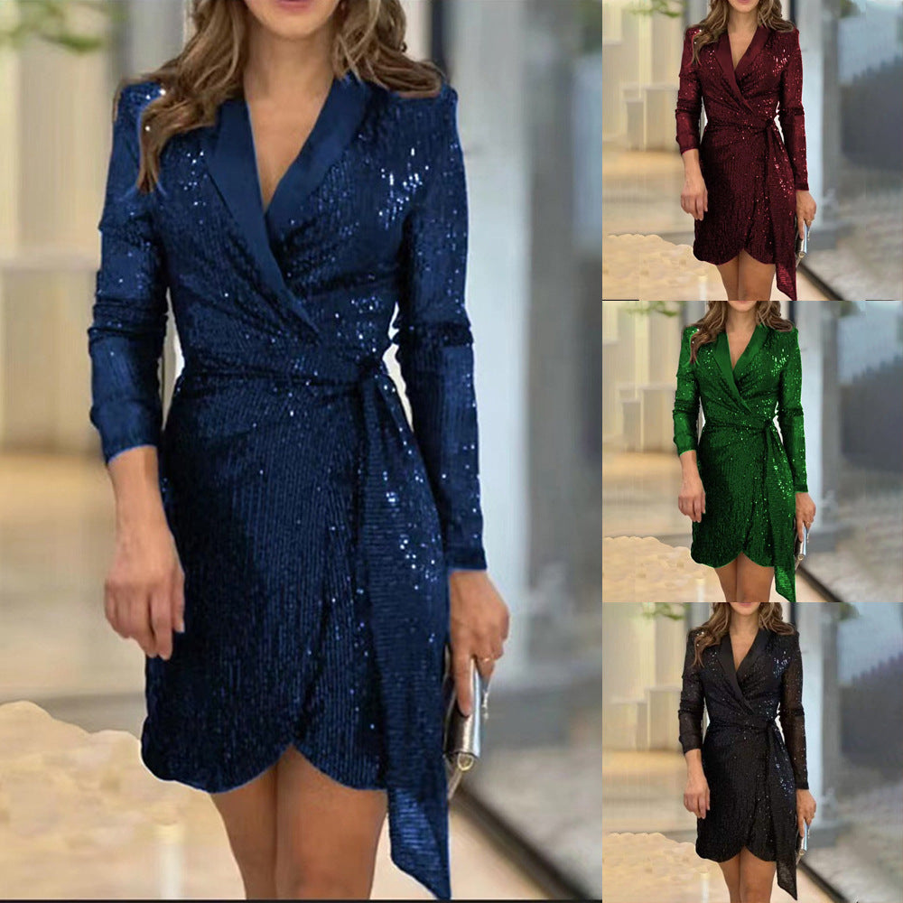 Dame Glitrende Wrap Kjole med elegant Krave og skinnende Pailletter Stilla
