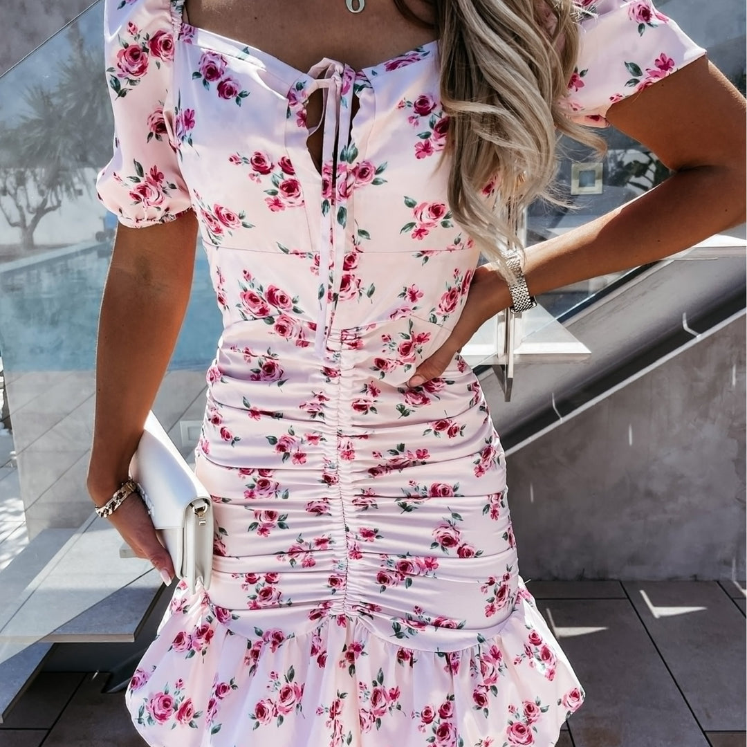 Dame blomster mønster rynket skjorte mini kjole med puffærmer Stilla