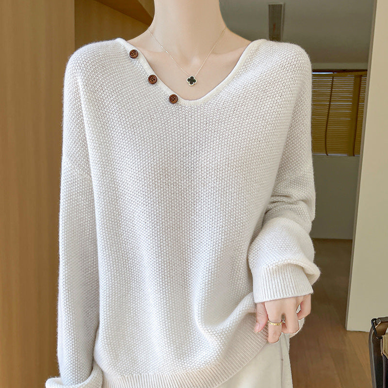 Femme Cozy V-Udskæring Knap Detalje Pullover Stilla