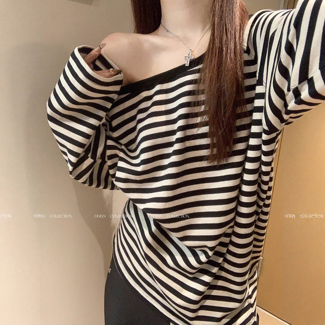 Kvinders afslappede oversized off-shoulder langærmet skjorte med stribet mønster Stilla
