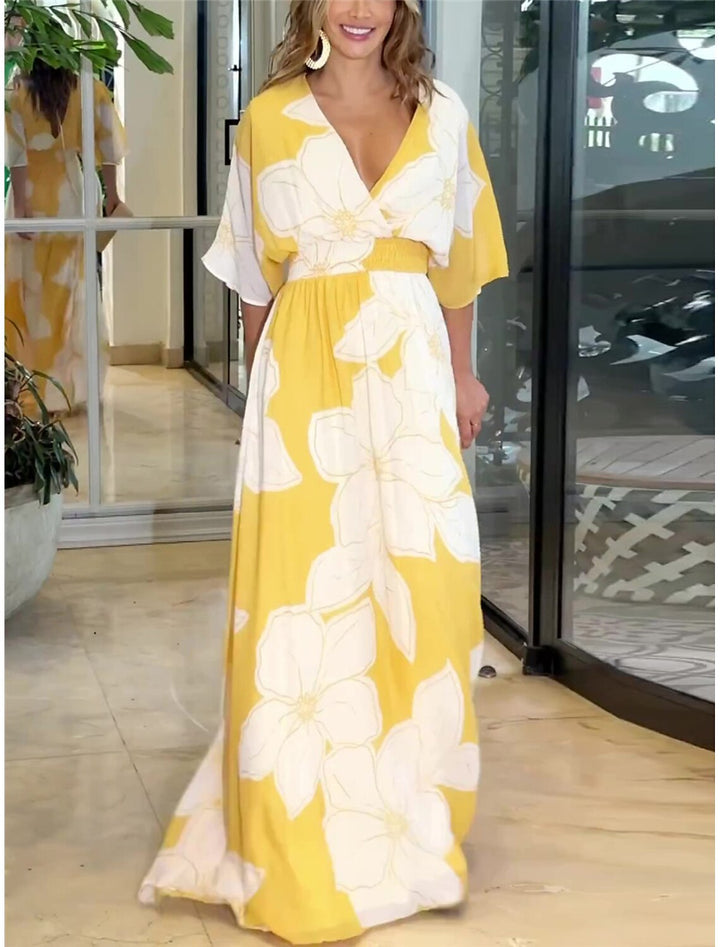 Dame Maxikjole med v imponerende blomsterdesign Stilla