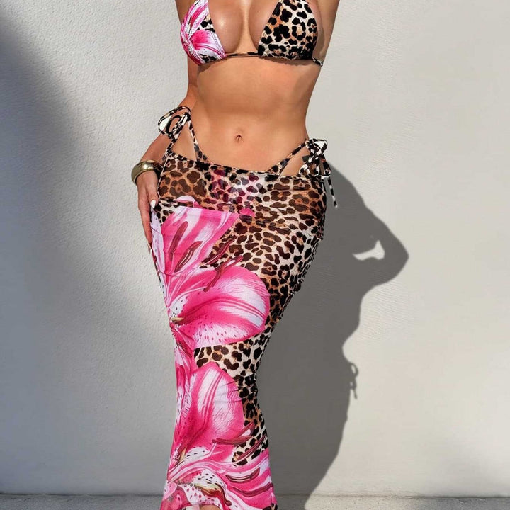 Dame bikini-sæt med spændende leopard- og blomstermønster Skovae