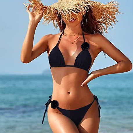 Dame triangel-bikini med legende blomsterapplikationer og justerbare bindebånd Skovae