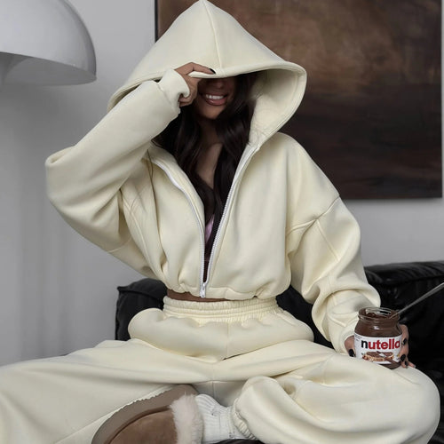 Dame sporty cropped hoodie og brede joggingbukser sæt Skovae
