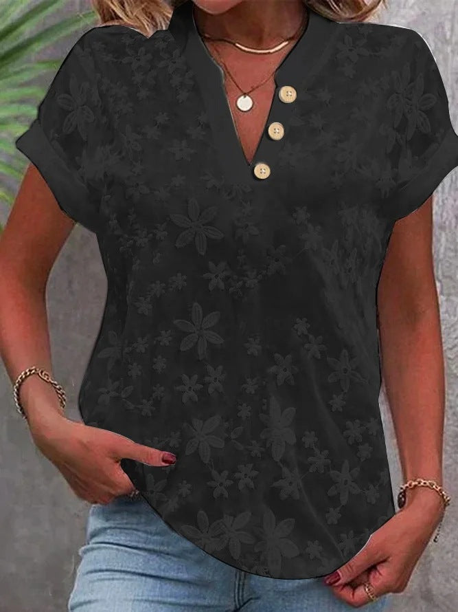 Dame elegant bluse med floralt broderidesign Stilla