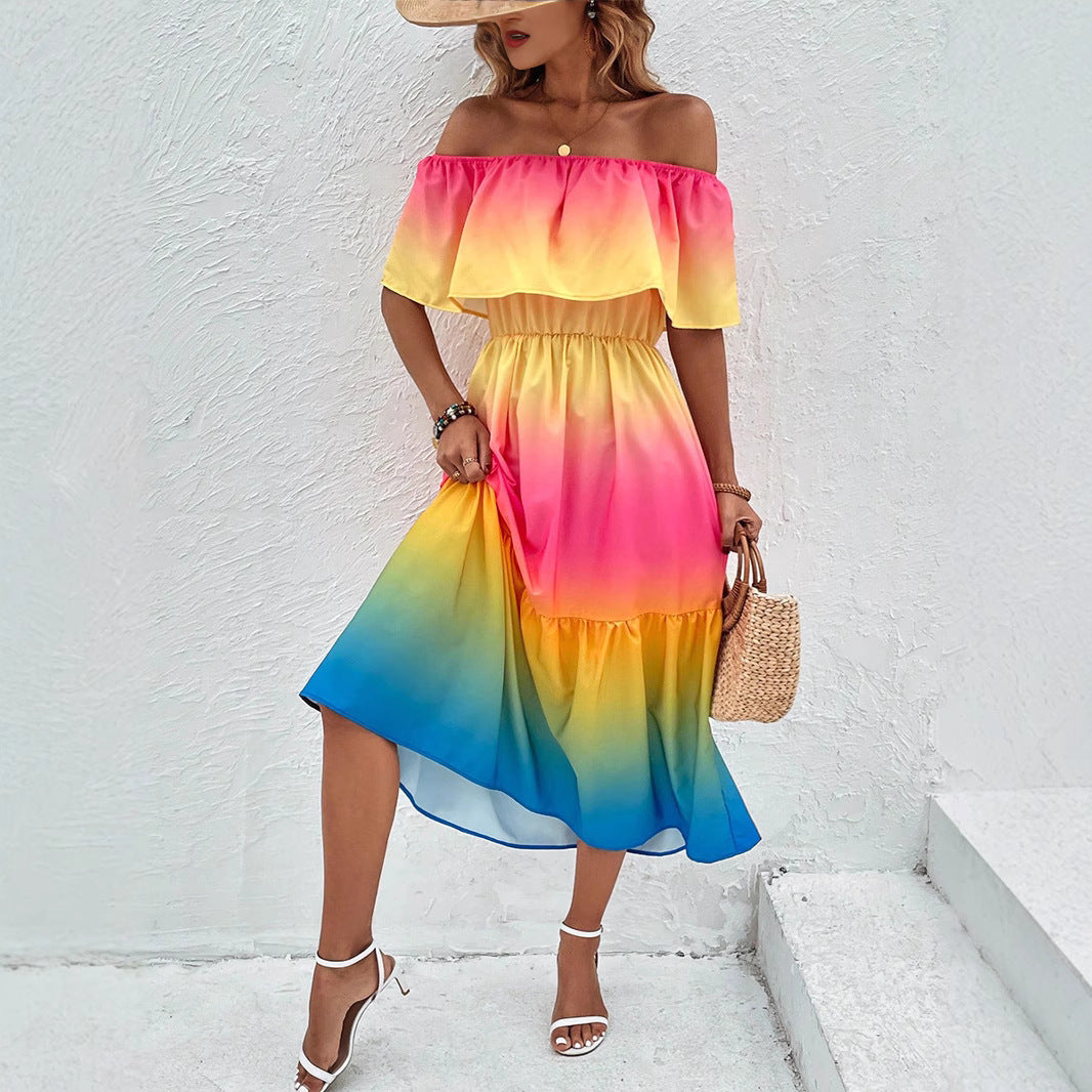Dame Off-Shoulder Midikjole med farvegradient og flæsedetaljer Stilla