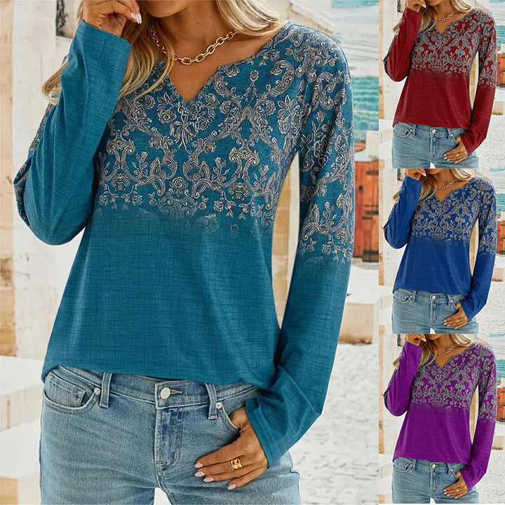Dame Plisseret Bluse med florale Broderier og V-Udskæring Stilla