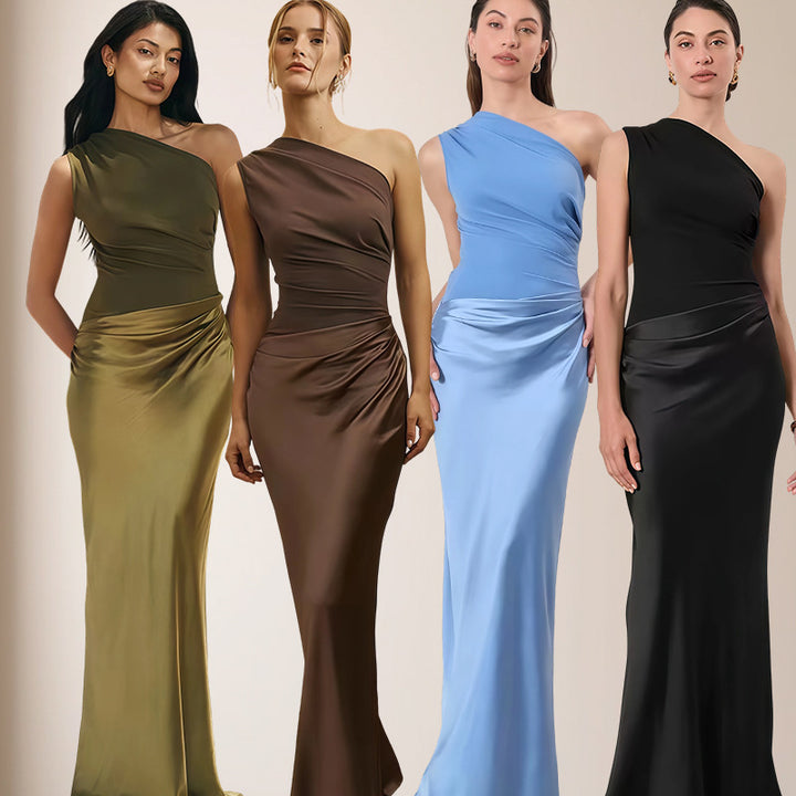 Damer Elegant Asymmetrisk Aftenkjole med Glitrende Satin Skovae
