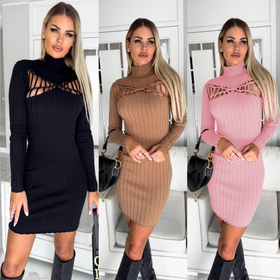 Dame Ribbstrik-Højhalset-Bodycon-Kjole med Cut-Out-Detaljer Stilla