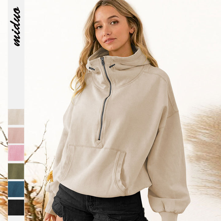 Dame afslappet hoodie med høj krave og lynlås Stilla