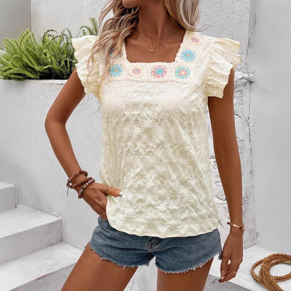 Dame bluse skjorte med legende ruffle detaljer og florale broderier Stilla