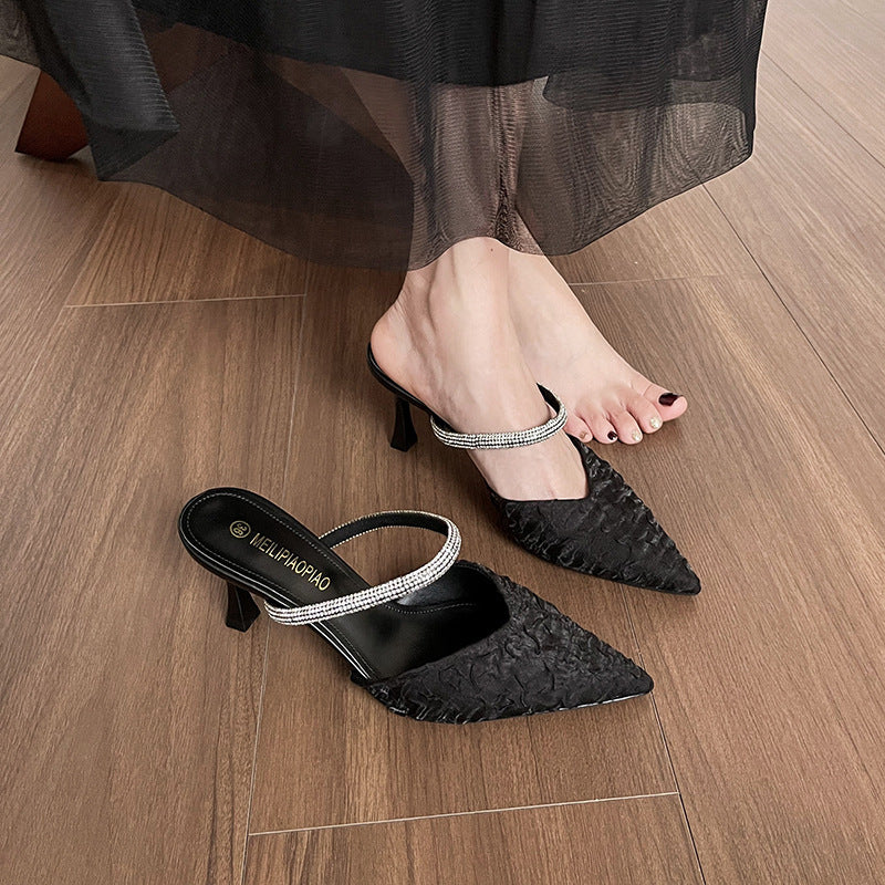 Dame Elegant Spidse Tå Slingback Mules med Strass Accent Stilla