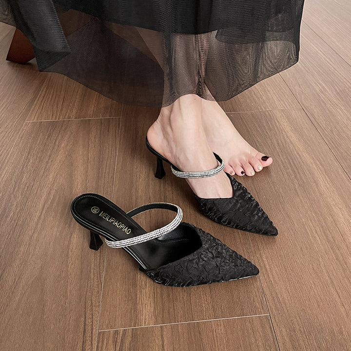 Dame Elegant Spidse Tå Slingback Mules med Strass Accent Stilla