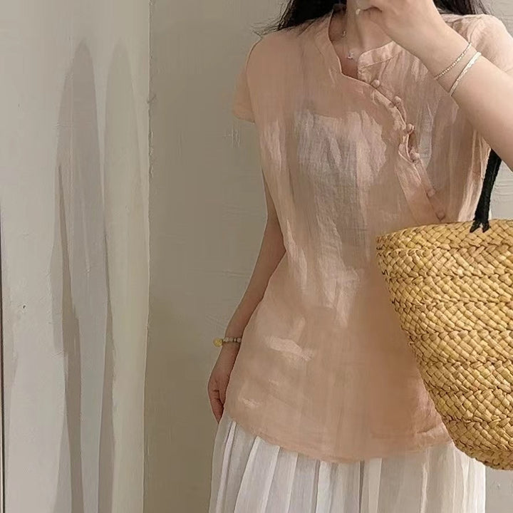 Femme Stilfuld Kortærmet Linned-Top Stilla