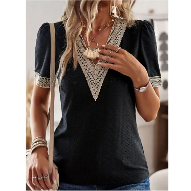 Dame Elegant Bluse med V-halsudskæring og Spidselement Stilla