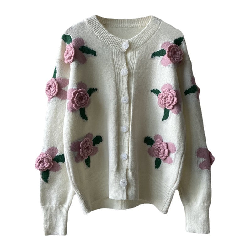 Dame cardigan med elegant blomster mønster og knaplukning Stilla