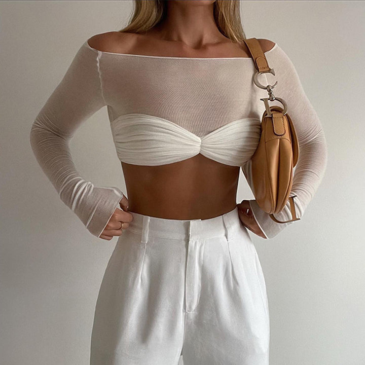 Dame Off-Shoulder Top med rynket brystparti og lange ærmer Stilla