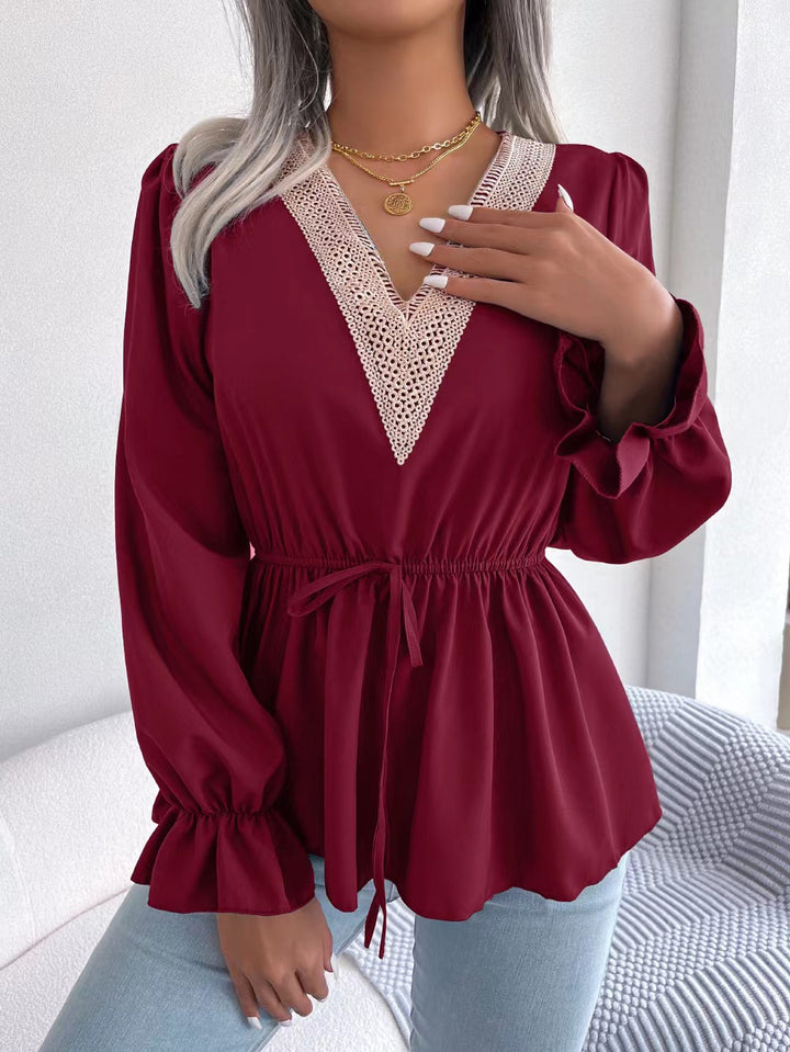 Dame Elegant V-Udsnit Bluse med Spidsedekoration Stilla