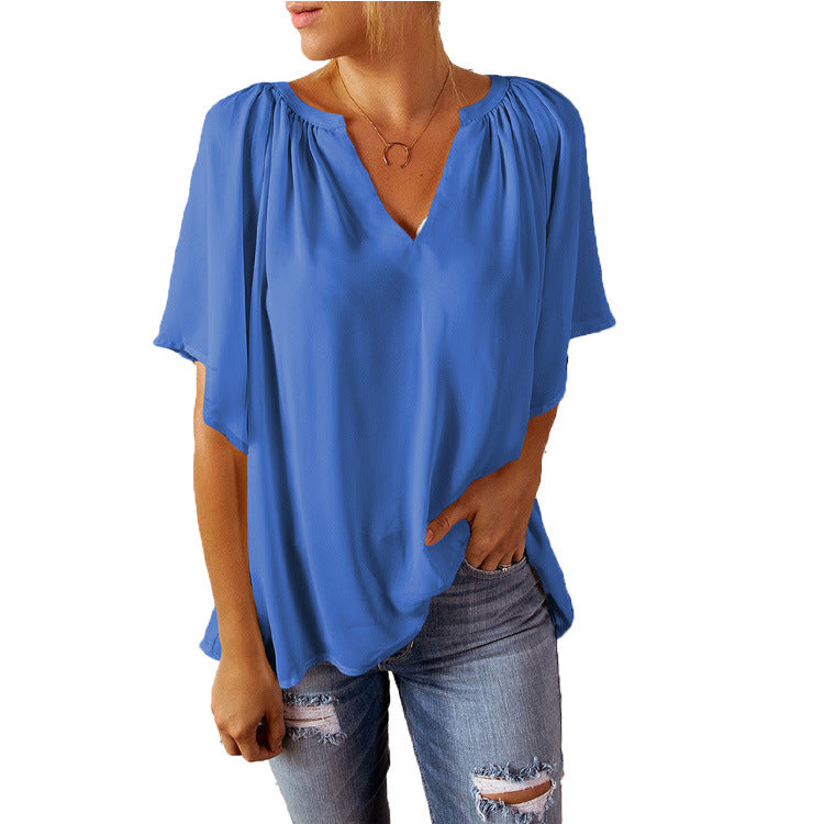 Dame elegant bluse med flydende V-udskæring og halvtransparent ærmer Stilla