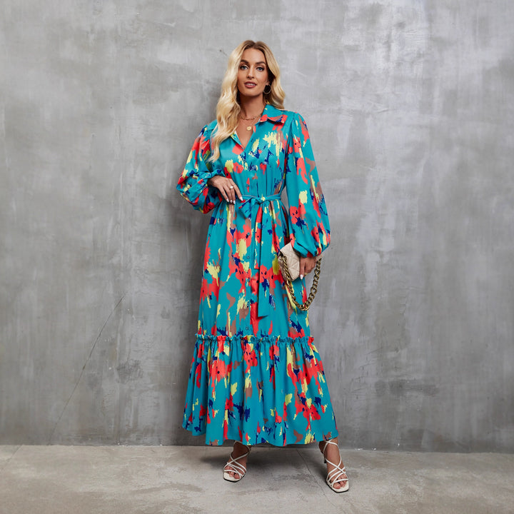 Kvinders Maxi Kjole med Trendy Lange Ærmer og Blomster Mønster Stilla