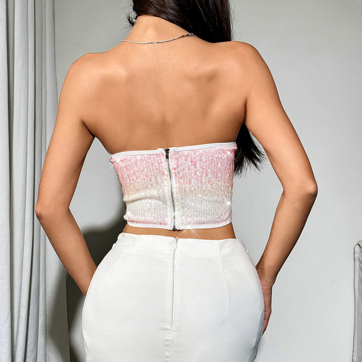 Dame Korset-top med glitrende detaljer og transparent mesh Stilla