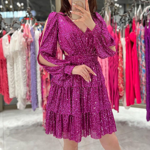 Dame Festligt Glitterkjole med Flæse-Design og Pufærmer Stilla
