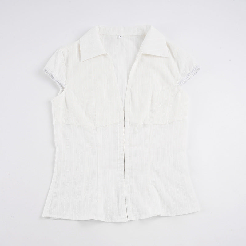 Dame Elegant kortærmet bluse skjorte med flot ståkrave og lynlås Skovae