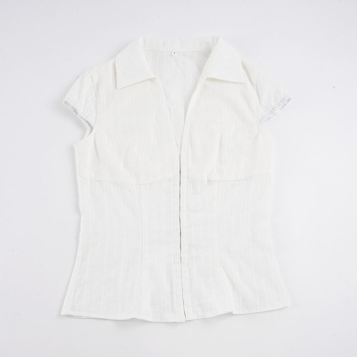 Dame Elegant kortærmet bluse skjorte med flot ståkrave og lynlås Skovae