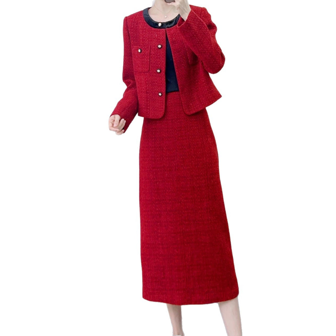 Dame elegant blazer-nederdel-sæt med fashionable knapdetaljer og struktureret tekstur Stilla