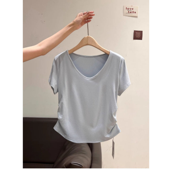 Femme Blødt V-hals Fritids T-shirt med rynkede sider Stilla