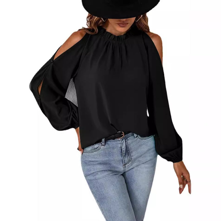 Dame elegant bluse med kold skulder design og flæsekrave Stilla
