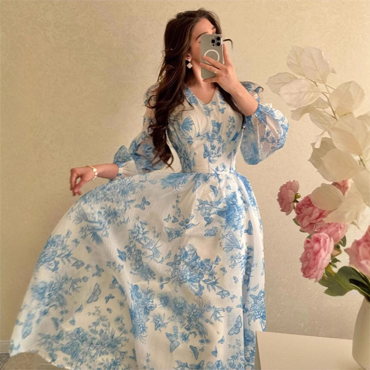 Dame Elegant maxikjole med blomster mønstre og gennemsigtige ærmer Stilla