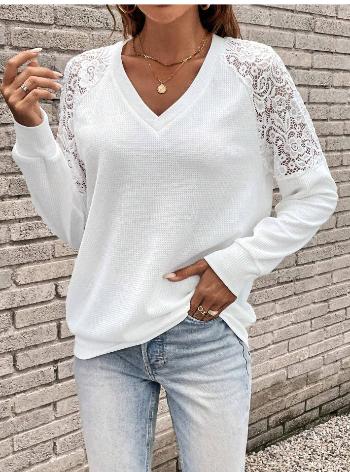 Dame V-hals sweater med spidsindsats Stilla