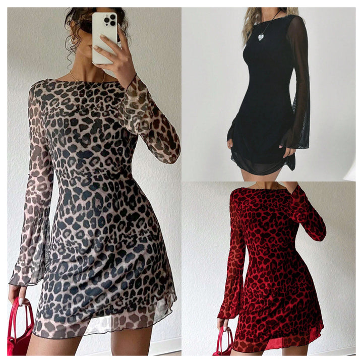 Dame Gennemsigtigt Leopardmønster Mini Kjole Stilla