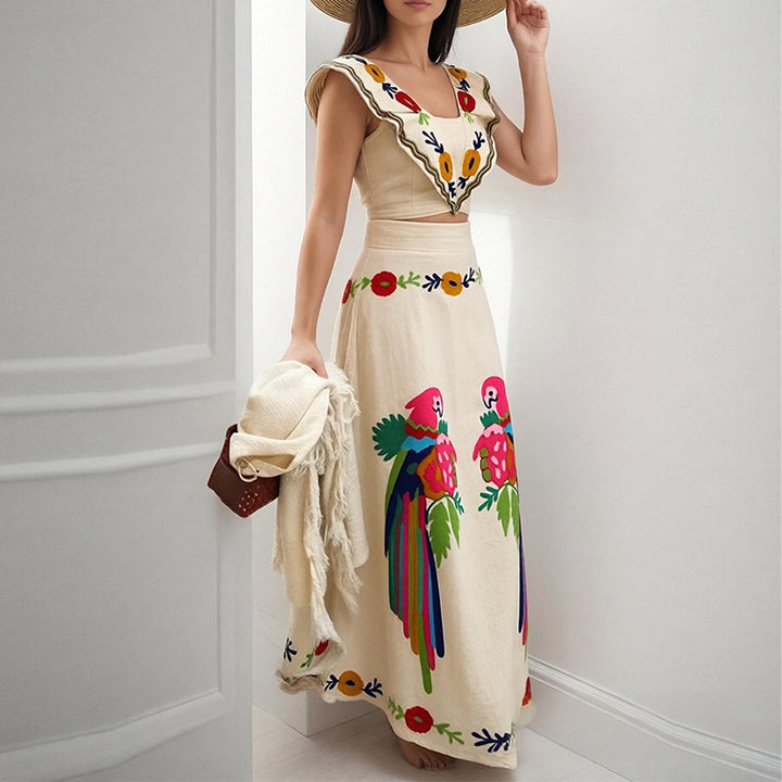 Dame Elegant Maxi Kjole med Kunstnerisk Broderi og Rynkede Ærmer Stilla